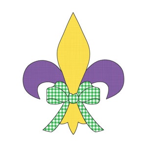 May include: A yellow fleur-de-lis with purple petals and a green and white gingham bow.