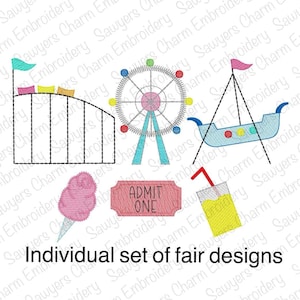 BUNDLE aus einzelnen Fahrgeschäften & Essen Skizze Maschinenstickerei, Achterbahn, Riesenrad, Achterbahn, Riesenrad, Achterbahn, Limonade