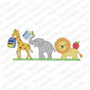May include: An embroidered design featuring a giraffe with a backpack, an elephant holding school supplies, and a lion with an apple. The animals are standing on a green grassy line, perfect for school-themed projects.