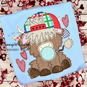 Highland cow chewing gum bean stitch applique, machine embroidery design, baseball cap/hat & hearts, Valentine's Day, farm boy