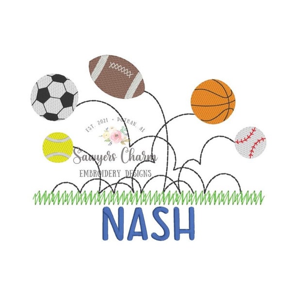 Sports bouncing balls sketch machine embroidery design file, quick stitch, bean stitch, tennis, football, basketball, baseball, soccer