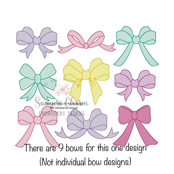 Group of 9 bows sketch stitch with bean stitch details, machine embroidery design file, quick stitch, vintage retro, girly, hairbow ribbons