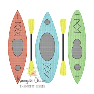 May include: Three kayaks with paddles, one red, one blue, and one green. The kayaks are all in the same style, with a rounded bottom and a pointed bow. The paddles are yellow with black handles.