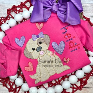 Puppy dog with coquette bow & hearts sketch stitch machine embroidery design, Valentine's Day, love