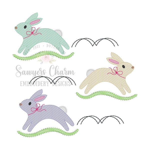 BUNDLE Easter bunnies hopping with/without bows sketch stitch machine embroidery design file, peter cottontail, spring, rabbits, egg hunt