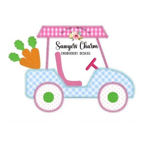 May include: A pink and blue embroidered design of a toy car with a checkered roof and a basket of carrots in the back. The car has green wheels and a pink seat. The text "Sawyers Charm Embroidery Designs" is on the side of the car.