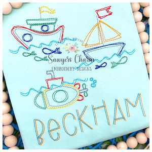 Squiggly boats trio with fish bean stitch machine embroidery design file, quick stitch, tug boat, sail boat, submarine, ocean beach water