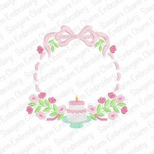 Cadre floral monogramme anniversaire, fichier de conception de broderie machine point de bourdon/point de remplissage, noeud de coquette, écusson, rubans, gâteau, bougie, laurier