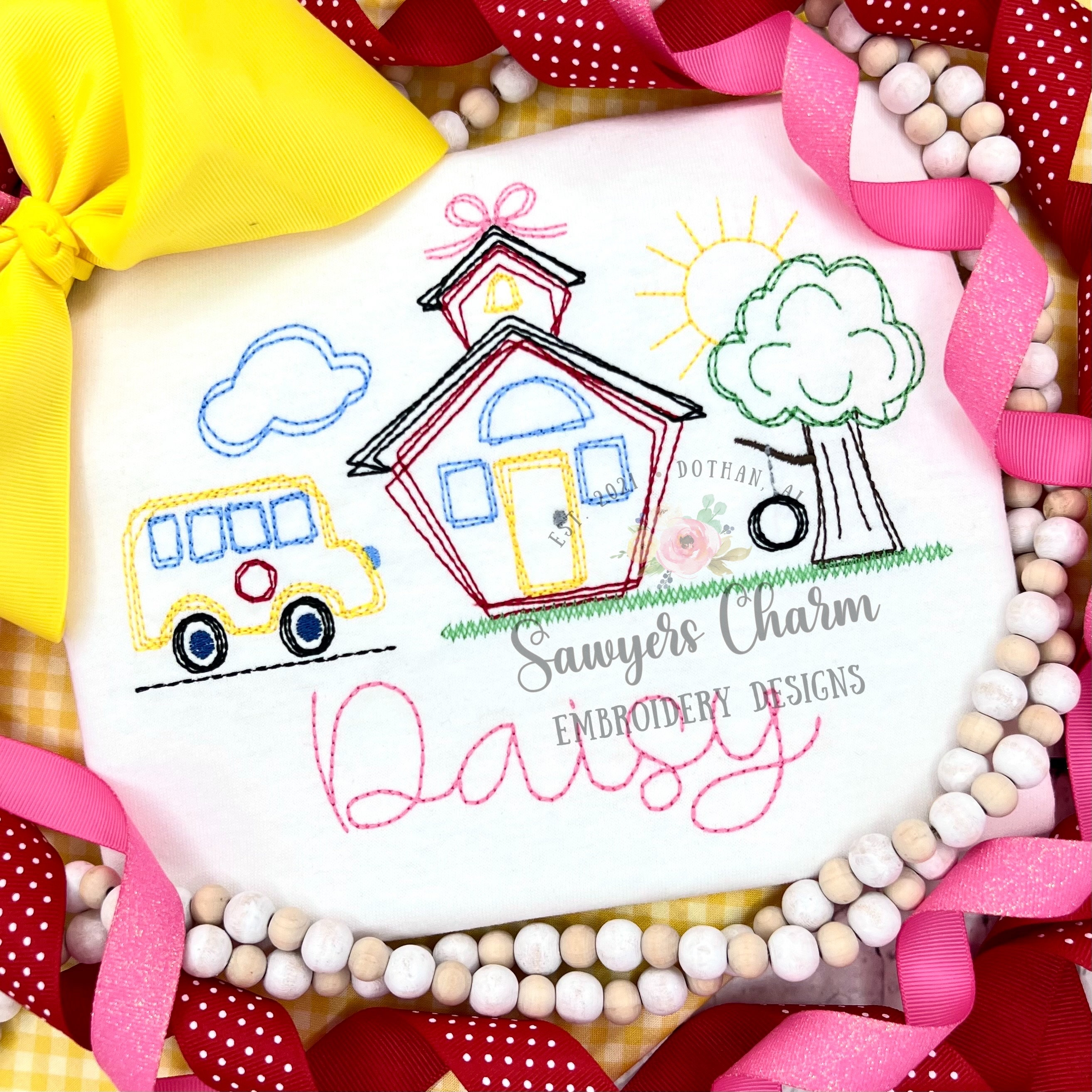 BUNDLE Squiggly Back to school bus, school house, tree with swing trio with/without bow, bean stitch embroidery design file, quick stitch