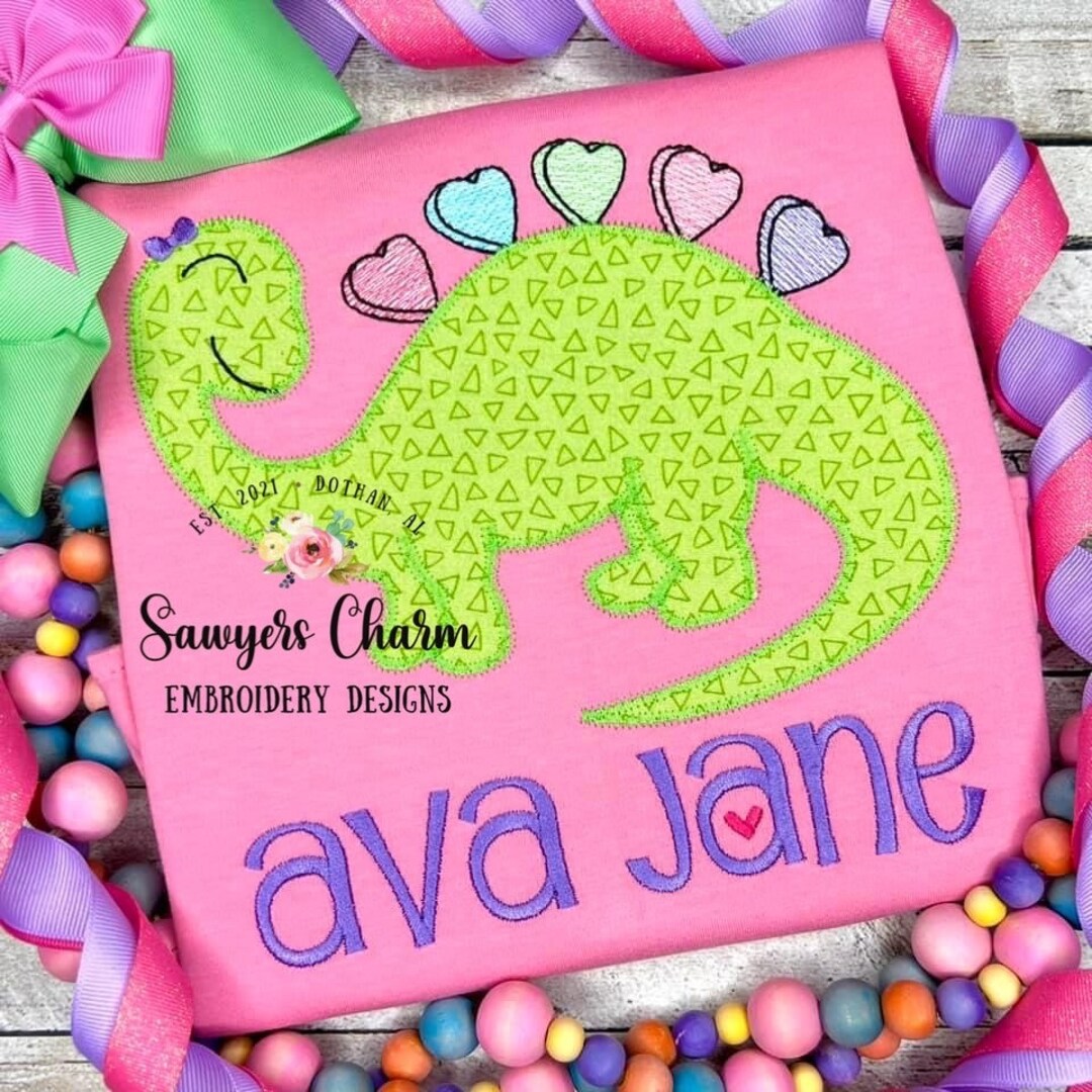 Candy Heart Dinosaur Zigzag and Bean Stitch Applique BUNDLE, Machine ...