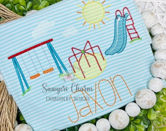 Playground equipment trio sketch stitch machine embroidery design file, quick stitch, back to school, recess, slide, swing, merry go round