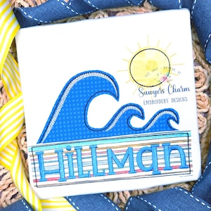Wave and name plate, sunshine bean & zig zag applique BUNDLE, machine embroidery design, summer surfing