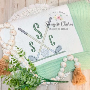 Diseño de bordado a máquina con puntada de boceto de palos de golf/pelota de golf en césped, deportes de primavera, maestros