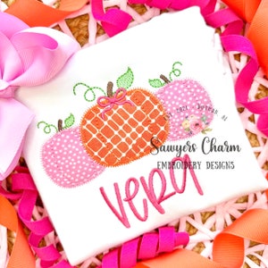 Pumpkins trio with/without bow, zig zag applique, machine embroidery design file, fall, Halloween, leaves, pumpkin patch, quick stitch