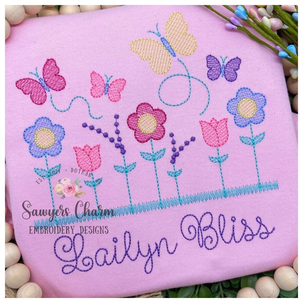 Row of wildflowers in grass with butterflies sketch stitch machine embroidery design file, spring flowers tulip daisy lavender summer