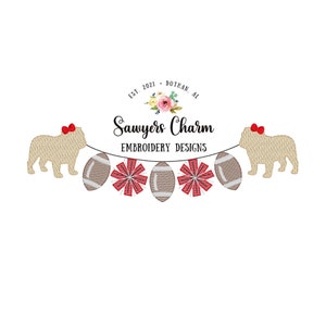 Bulldog sports mascot football pompoms bunting banner with bows sketch fill embroidery design file, cheerleading, college university school