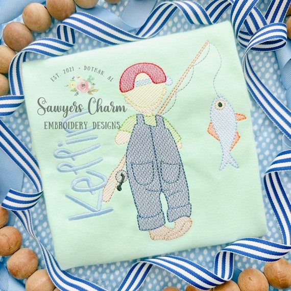 boy with fishing pole embroidery pattern Little Boy Fishing Sketch Stitch Machine Embroidery Design, Fishing Pole,  Spring Summer, Baseball Hat/cap, Outdoors