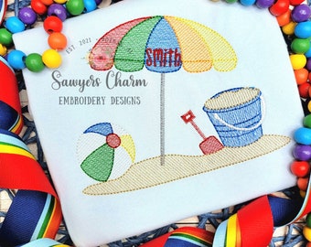 Beach umbrella and ball, sand pail & scoop, sketch stitch machine embroidery design, bucket, shovel, sand, ocean, water, vacation, sun