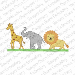 May include: Embroidered design of a yellow giraffe, a gray elephant, and a yellow lion walking in a line. The animals are on a green background.