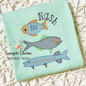 Fish trio sketch stitch with bean stitch edge, machine embroidery design file, fishing, quick stitch, ocean creatures, summer, spring