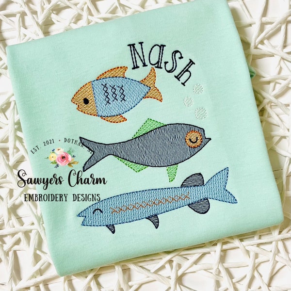 Fish trio sketch stitch with bean stitch edge, machine embroidery design file, fishing, quick stitch, ocean creatures, summer, spring