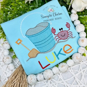 Beach sand pail/bucket & shovel with crab sketch stitch machine embroidery design file, sand, ocean, water, vacation, sun, scoop, waves