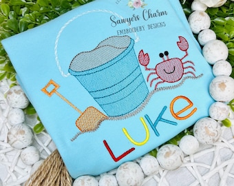 Beach sand pail/bucket & shovel with crab sketch stitch machine embroidery design file, sand, ocean, water, vacation, sun, scoop, waves