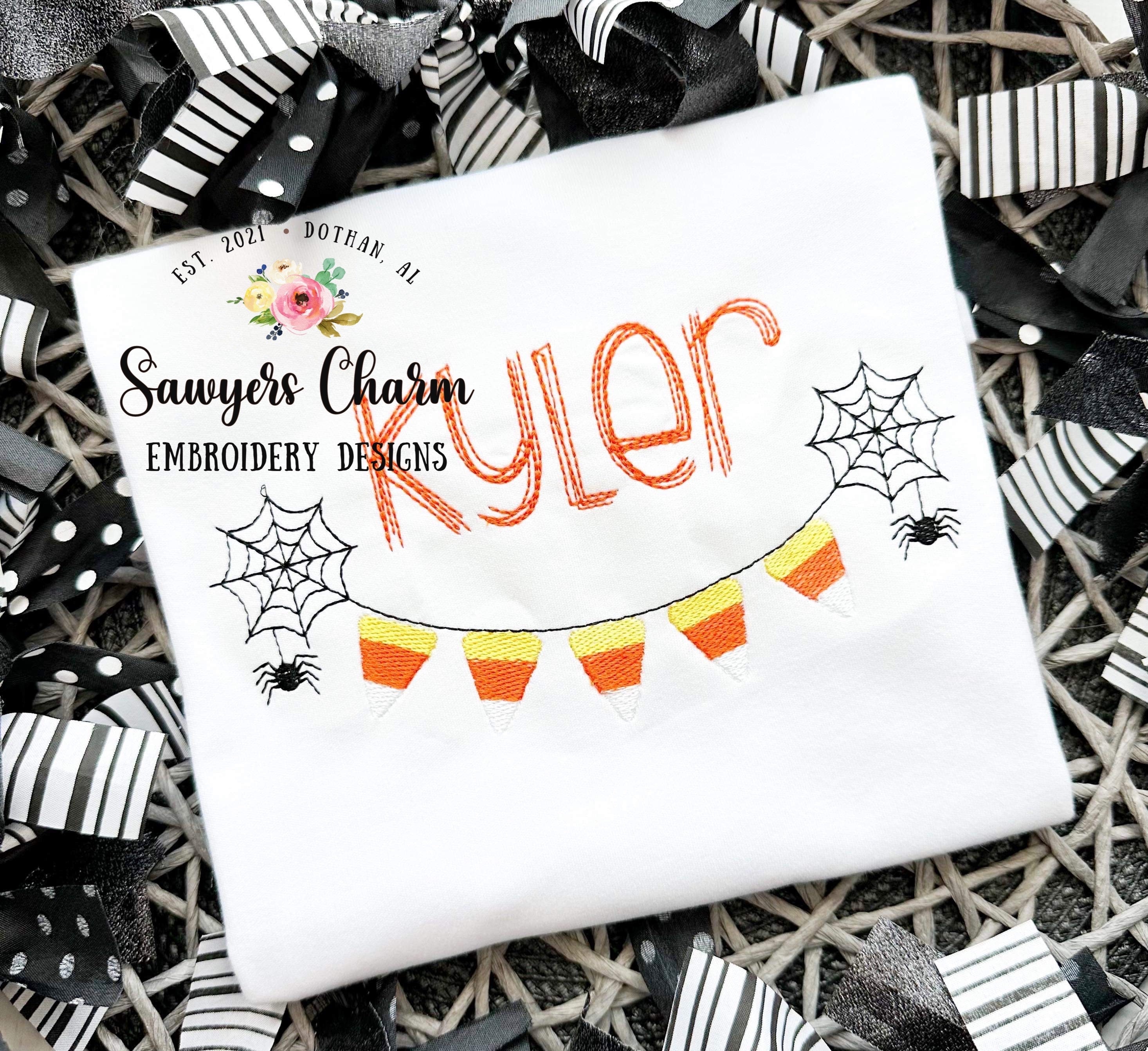 Halloween candy corn spider web bunting banner, sketch stitch machine embroidery design file, quick stitch, bean stitch, spooky season