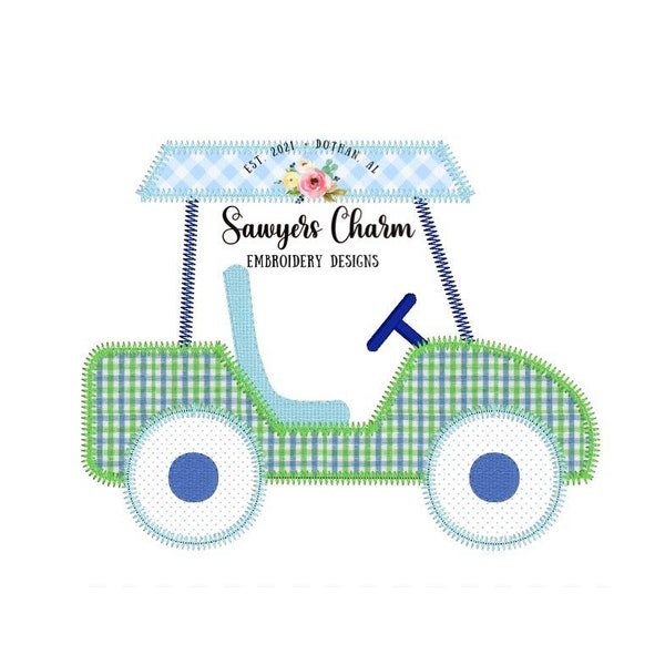 BUNDLE Boy and girl Golf cart zigzag machine embroidery applique design file, quick stitch