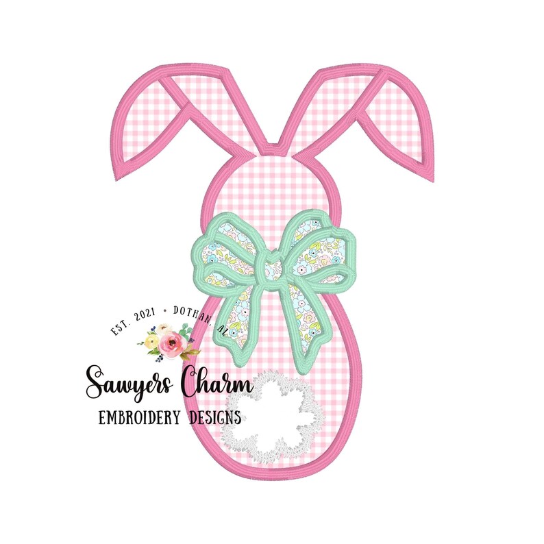 May include: Pink bunny shaped embroidery design with a green bow and a gingham pattern. The design includes the text "Sawyers Charm Embroidery Designs" and "Est. 2021 - Dothan, AL".