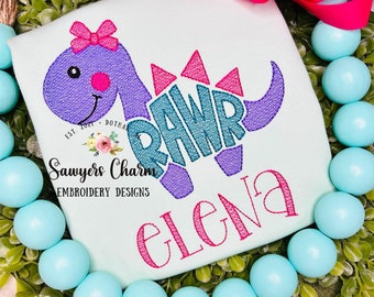 RAWR Dinosaur sketch stitch BUNDLE, machine embroidery design, dino with/without coquette bow