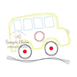 May include: A hand-drawn style yellow school bus with black wheels and red centers, featuring light blue windows and a red stop sign. The design includes the text "Sawyers Charm Embroidery Designs" and is set against a white background.