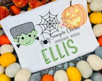 Archivo de diseño de bordado a máquina de trío de bocetos de Frankenstein, telaraña y calabaza de Halloween, temporada espeluznante, puntada rápida, otoño