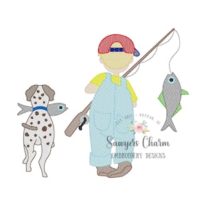 May include: Embroidered design of a boy wearing overalls and a red baseball cap holding a fishing rod with a fish on the line. A spotted dog is holding a fish in its mouth. The design includes the text "Sawyers Charm Embroidery Designs" and "Est. 2021 Dothan, AL."