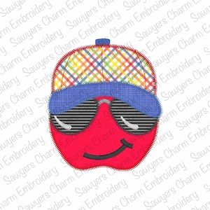 May include: Embroidered red apple wearing sunglasses, a baseball cap with a colorful plaid pattern, and a blue visor. The apple has a stitched black smile and white highlights on the sunglasses.