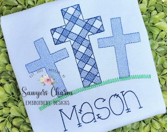 BUNDLE Gingham cross trio grass with & without daffodils sketch stitch machine embroidery design file, quick stitch, Easter, He is risen