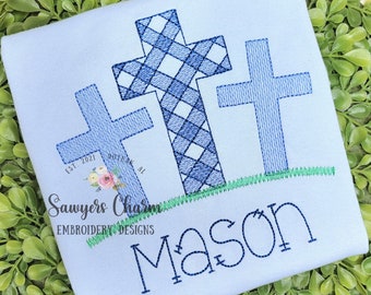 BUNDLE Gingham cross trio grass with & without daffodils sketch stitch machine embroidery design, Easter, He is risen