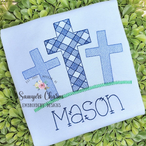 BUNDLE Gingham cross trio grass with & without daffodils sketch stitch machine embroidery design file, quick stitch, Easter, He is risen