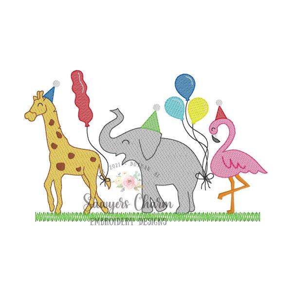 BUNDLE Party Zoo/jungle/safari animals with & without bows sketch stitch trio, machine embroidery design file, giraffe, elephant, flamingo