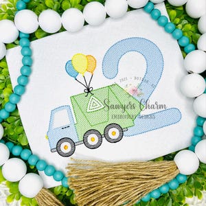 Garbage truck with number TWO & birthday balloons sketch stitch machine embroidery design, construction vehicle, city trash truck