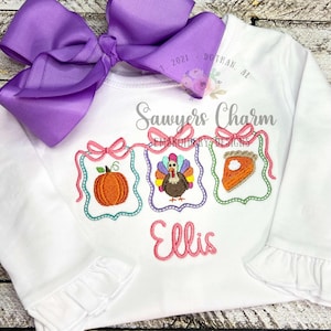 Coquette Bows Thanksgiving frames trio satin stitch machine embroidery design, pumpkin, turkey, pie mini fill, gobble, happy holidays