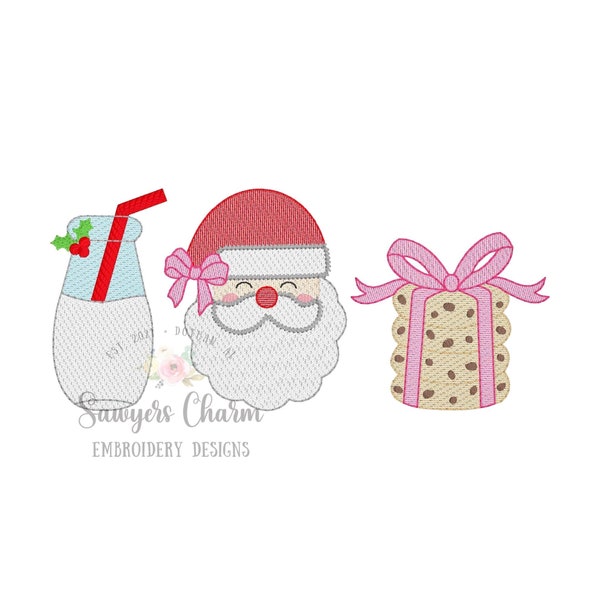 Santa Claus with bow milk & stacked cookies sketch stitch trio machine embroidery file, holly berries, happy holidays, Merry Christmas
