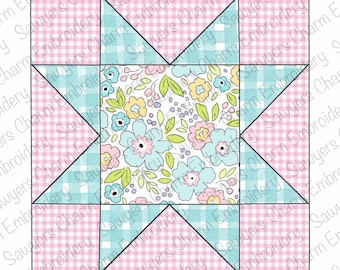May include: A square quilt block featuring a star design. The star is composed of light blue and pink gingham fabric, with a floral center in shades of blue, pink, yellow, and green. The block is a patchwork design.