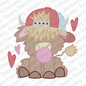 May include: A brown and white Highland cow wearing a red baseball cap with a blue brim and blowing a pink bubble. The cow is surrounded by pink and red hearts.