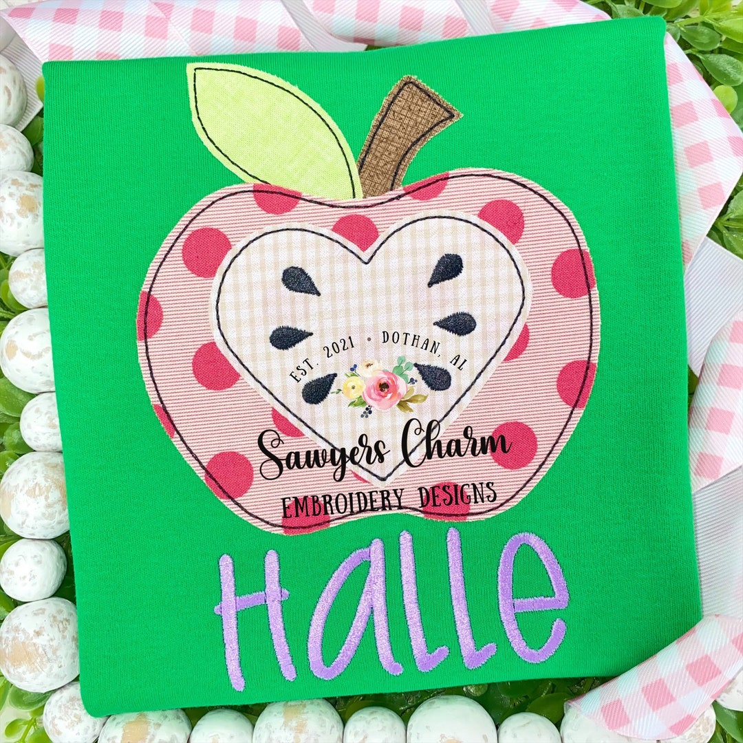 Back to School Apple Heart Machine Applique Design Embroidery File ...