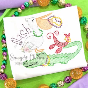 Mardi Gras staplade djur med pärlor skissstygn maskinbroderidesign, alligator, kräfta, pelikan