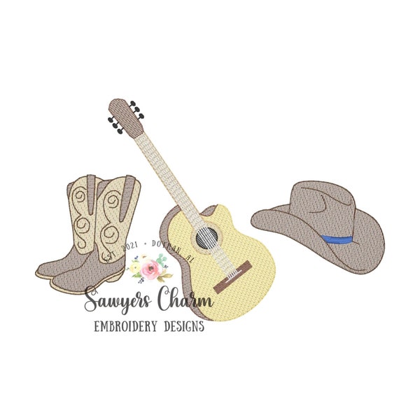 Botas de vaquero/sombrero/guitarra trío boceto puntada máquina bordado archivo de diseño, puntada de frijol, puntada rápida, música country de Nashville, vaquera,