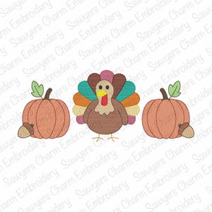 May include: Embroidered design of a turkey with colourful feathers between two pumpkins and acorns. The pumpkins are orange with green leaves. The turkey is brown with a yellow beak and red wattle.