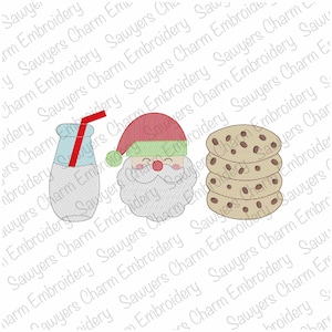 May include: Embroidered design featuring a Santa Claus face, a glass of milk with a red straw, and a stack of chocolate chip cookies. The design is surrounded by the text "Sawyers Charm Embroidery".