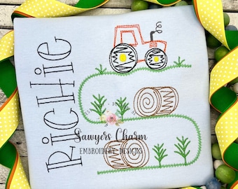 Squiggly Tractor hay bales trio bean stitch machine embroidery design file, quick stitch, farming, harvest, transportation, wheat, crops